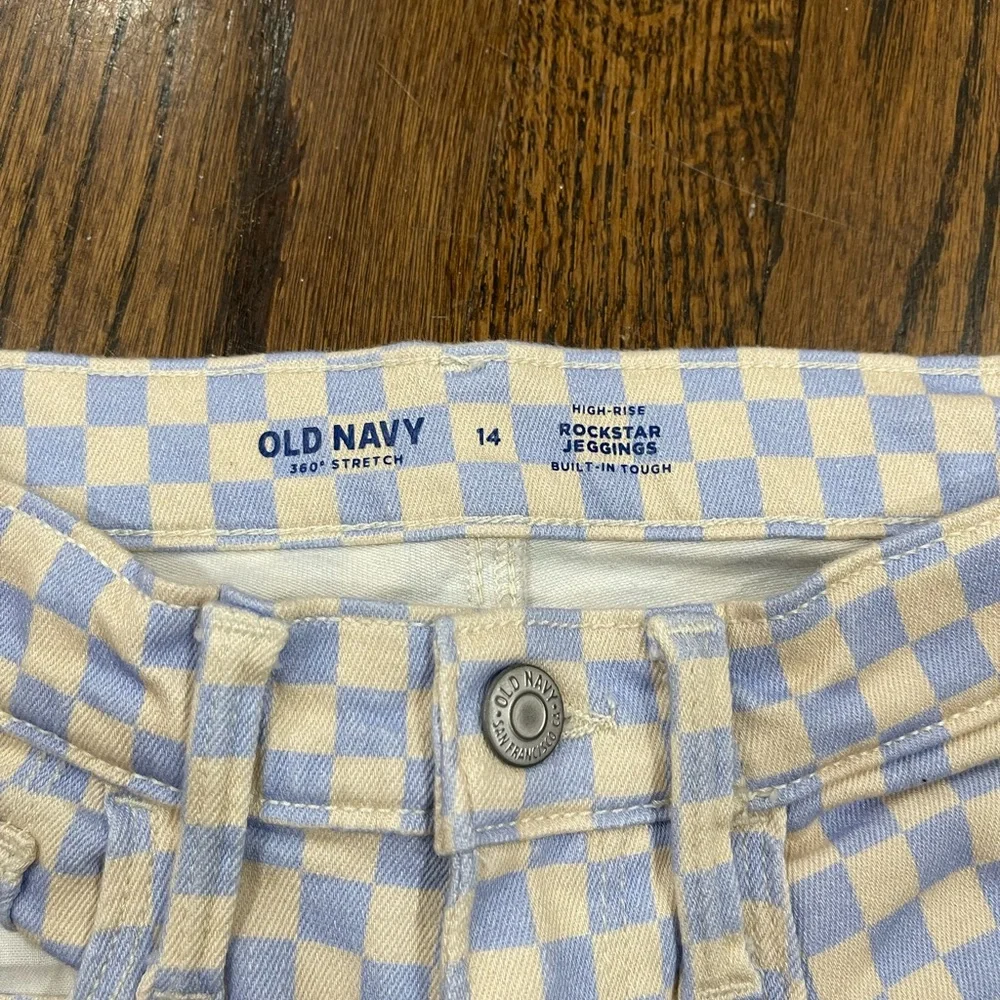 Old Navy girls Blue and Cream Checkered rockstar Jeggings size 14